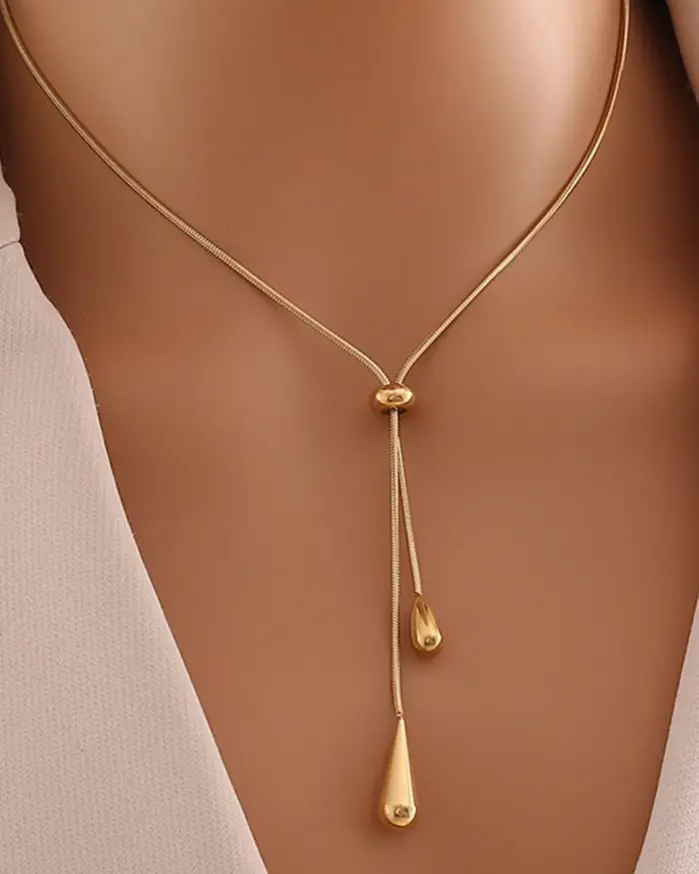 Juego de 3 piezas: collar y pendientes ajustables de acero inoxidable 316L, nuevo modelo de joyería de moda en color dorado para mujer, ideal como regalo para fiestas. 2