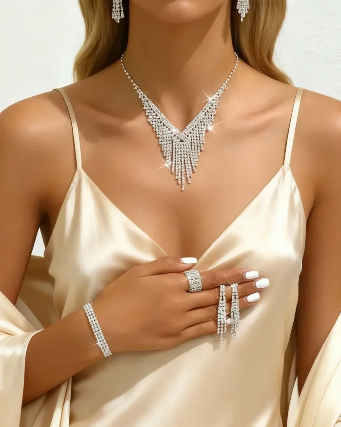 Conjunto de joyería Vintage elegante para mujer, collar con diamantes de imitación brillantes, gargantilla de cristal brillante, pendientes de boda para fiesta, 5 uds. 1