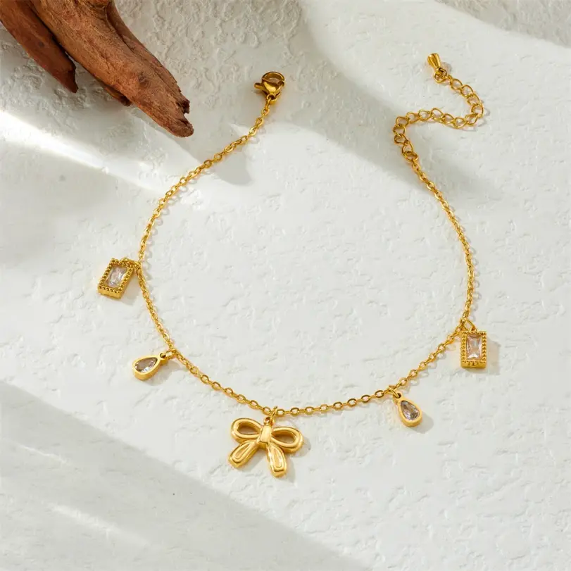 DIEYURO 316L Acero inoxidable lazo dorado corazón cuadrado circón tobillera para mujer tendencia moda cadena de pie joyería regalo de vacaciones 4