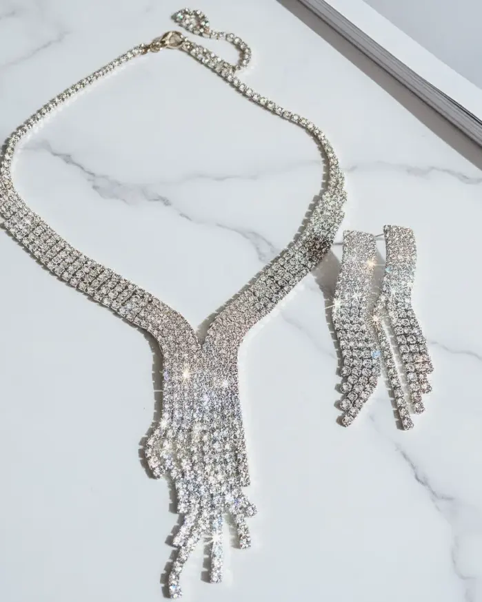 Juego de Joyería Vintage Elegante de 3 Piezas para Mujer, Collar con Flecos de Gotas de Agua, Gargantilla con Brillantes, Aretes de Novia para Boda, Fiesta 1