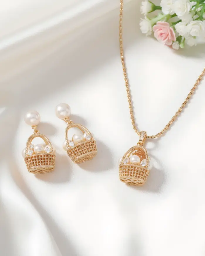 Juego de Joyería Vintage Elegante de 3 Piezas para Mujer, Collar con Diseño de Cesta de Flores Hueca, Gargantilla de Cristal Brillante, Aretes para Novia, Boda, Fiesta 1
