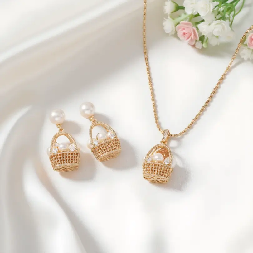 Juego de Joyería Vintage Elegante de 3 Piezas para Mujer, Collar con Diseño de Cesta de Flores Hueca, Gargantilla de Cristal Brillante, Aretes para Novia, Boda, Fiesta 1