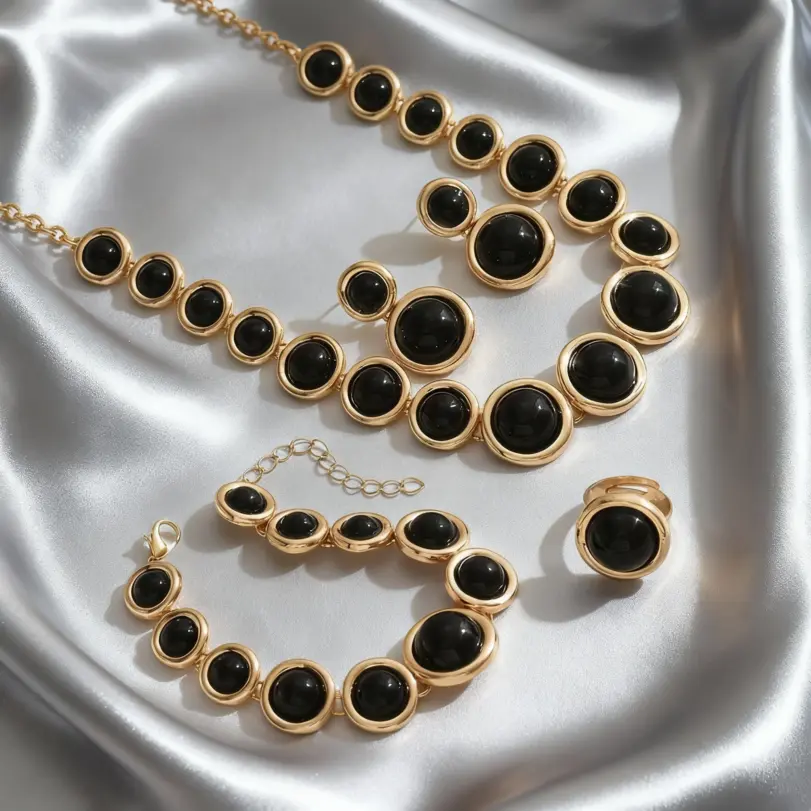 Conjunto de joyería geométrica elegante para mujer, collar Retro, anillo dorado, pulsera de moda, pendiente Circular con incrustaciones, regalo de fiesta, 5 uds. 2