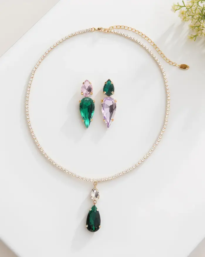 Juego de Joyería Vintage Elegante de 3 Piezas para Mujer, Collar Estilo Gota de Agua, Gargantilla de Cristal Brillante, Pendientes Verdes para Novia, Boda, Fiesta 1
