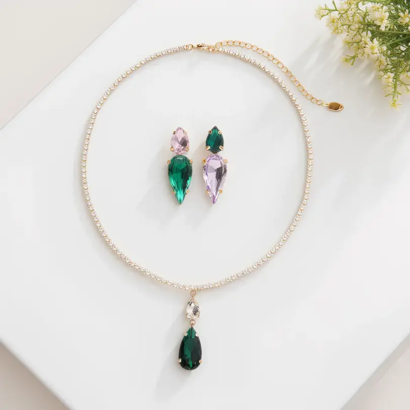 Juego de Joyería Vintage Elegante de 3 Piezas para Mujer, Collar Estilo Gota de Agua, Gargantilla de Cristal Brillante, Pendientes Verdes para Novia, Boda, Fiesta 1