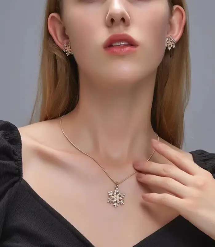 Juego de Joyería Vintage Elegante de 3 Piezas para Mujer, Collar de Copo de Nieve Brillante, Gargantilla de Cristal Brillante, Pendientes de Novia para Boda, Fiesta 2