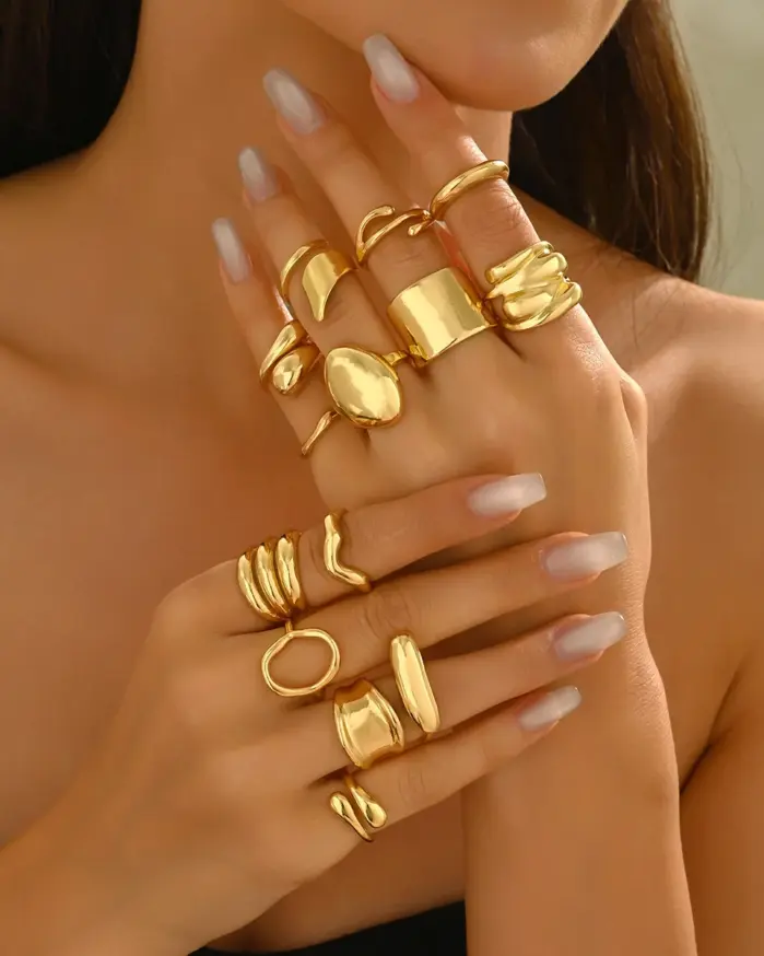 Conjunto de joyería Retro elegante para mujer, 14 Uds., gota Irregular, anillo de superficie curva suave, uso diario, regalo de fiesta de boda nupcial 1