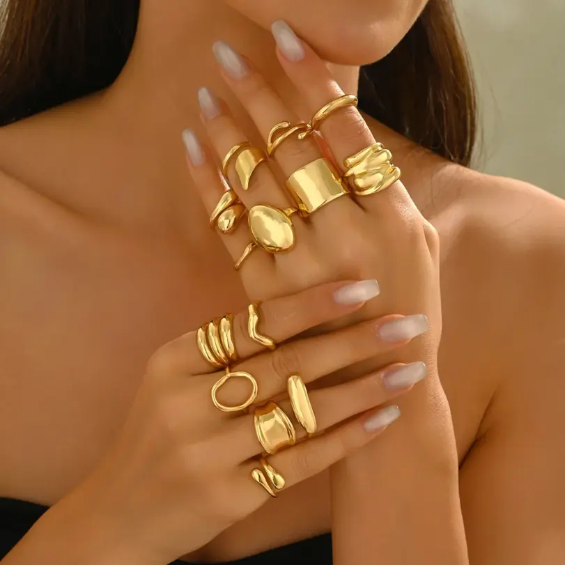 Conjunto de joyería Retro elegante para mujer, 14 Uds., gota Irregular, anillo de superficie curva suave, uso diario, regalo de fiesta de boda nupcial 1 Conjunto de joyería Retro elegante para mujer, 14 Uds., gota Irregular, anillo de superficie curva suave, uso diario, regalo de fiesta de boda nupcial 1