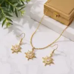 Juego de Joyería Elegante y Moderno de 3 Piezas para Mujer, Collar con Estrella Dorada y Sol, Gargantilla Brillante con Cristales, Aretes para Uso Diario Informal, Regalo 1