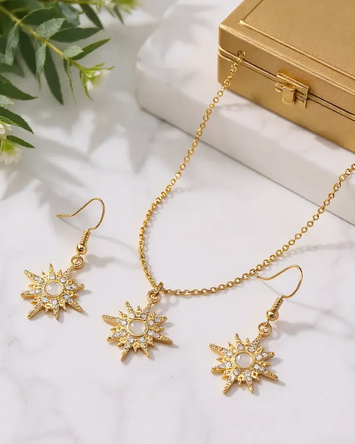 Juego de Joyería Elegante y Moderno de 3 Piezas para Mujer, Collar con Estrella Dorada y Sol, Gargantilla Brillante con Cristales, Aretes para Uso Diario Informal, Regalo 1