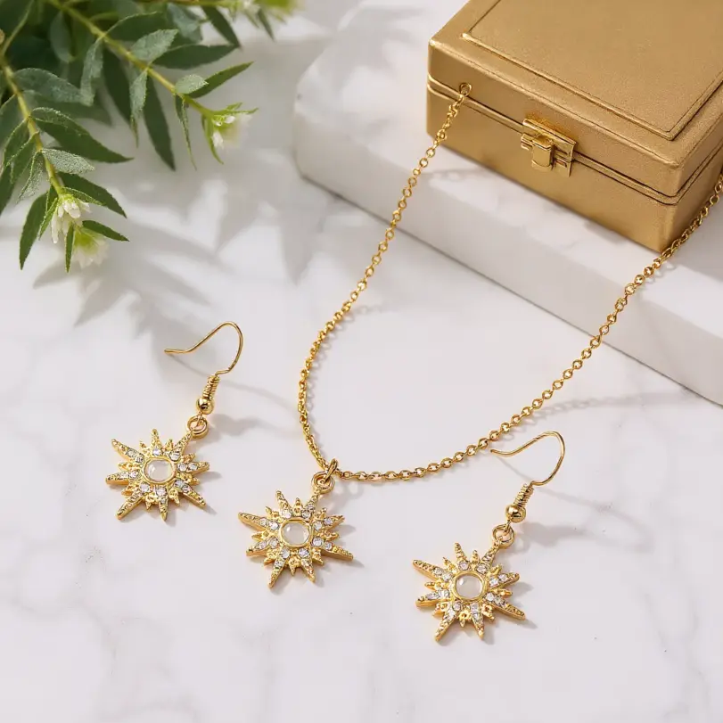 Juego de Joyería Elegante y Moderno de 3 Piezas para Mujer, Collar con Estrella Dorada y Sol, Gargantilla Brillante con Cristales, Aretes para Uso Diario Informal, Regalo 1 Juego de Joyería Elegante y Moderno de 3 Piezas para Mujer, Collar con Estrella Dorada y Sol, Gargantilla Brillante con Cristales, Aretes para Uso Diario Informal, Regalo 1