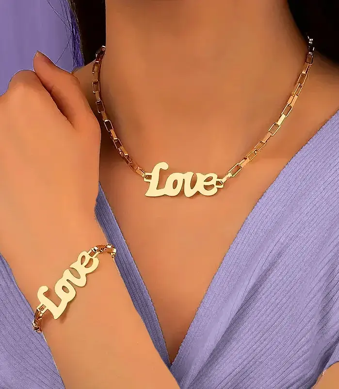 Juego de Joyería Vintage Elegante de 2 Piezas para Mujer, Collar con Letras Huecas LOVE, Gargantilla Dorada, Pulsera de Novia para Boda, Regalo para Fiesta 2