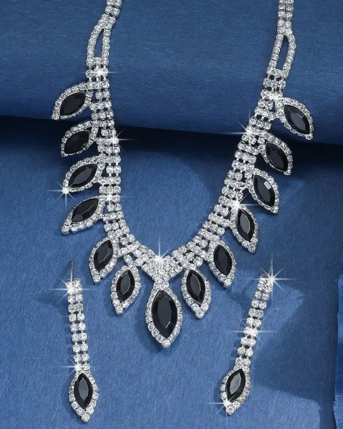 Conjunto de Joyería Negra de Lujo, Elegante Collar, Aretes y Brazalete con Cristales Brillantes, Conjunto de Boda para Mujer, Regalo para Fiesta Nocturna 1