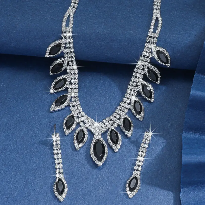 Conjunto de Joyería Negra de Lujo, Elegante Collar, Aretes y Brazalete con Cristales Brillantes, Conjunto de Boda para Mujer, Regalo para Fiesta Nocturna 1