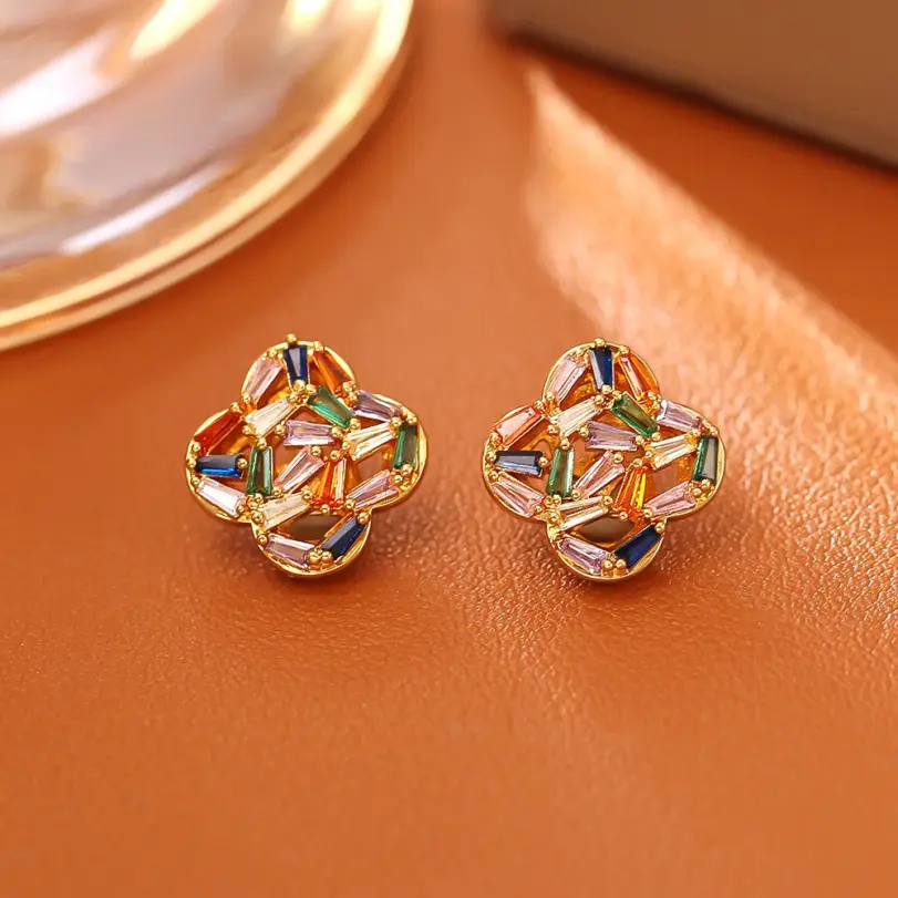 Juego de Joyería Vintage Elegante de 3 Piezas para Mujer, Collar con Trébol de Cuatro Hojas Colorido, Gargantilla de Cristal Brillante, Aretes para Novia, Boda, Fiesta 4