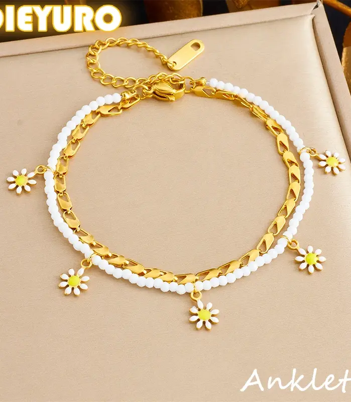 DIEYURO 316L Acero inoxidable blanco pequeña flor gota de aceite tobilleras de doble capa para mujeres cadenas de pie impermeables regalo de joyería 1