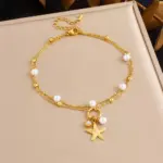 DIEYURO 316L Acero inoxidable perla circón estrella de mar colgante tobilleras de doble capa señora chapado en oro impermeable cadena de pie joyería 6