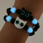 Juego de 4 Uds de pulsera + collar de cuentas de gato luminoso, pulseras elásticas con dijes de cuentas negras con gato, regalo de Halloween/Navidad 5