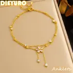 DIEYURO-tobillera de doble capa con borla de flores y diamantes de imitación blancos de acero inoxidable 316L para mujer, cadena para pie a la moda, joyería, regalo de vacaciones 1