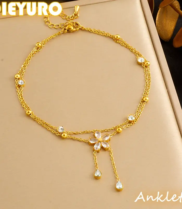 DIEYURO-tobillera de doble capa con borla de flores y diamantes de imitación blancos de acero inoxidable 316L para mujer, cadena para pie a la moda, joyería, regalo de vacaciones 1