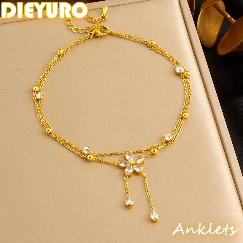 DIEYURO-tobillera de doble capa con borla de flores y diamantes de imitación blancos de acero inoxidable 316L para mujer, cadena para pie a la moda, joyería, regalo de vacaciones 1 DIEYURO-tobillera de doble capa con borla de flores y diamantes de imitación blancos de acero inoxidable 316L para mujer, cadena para pie a la moda, joyería, regalo de vacaciones 1