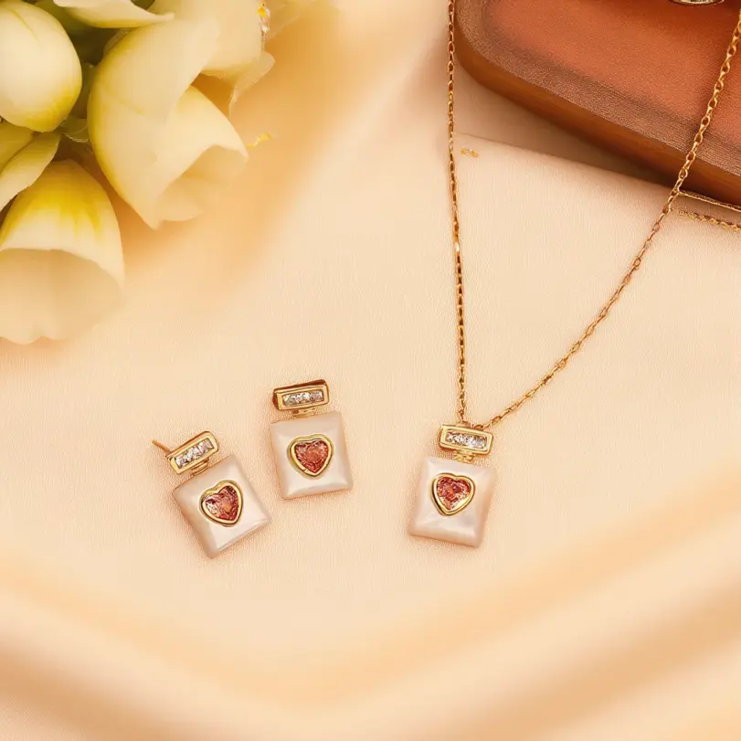 Juego de Joyería Vintage Elegante de 3 Piezas para Mujer, Collar con Botella de Perfume, Gargantilla de Cristal Brillante, Aretes de Novia para Boda, Fiesta 1