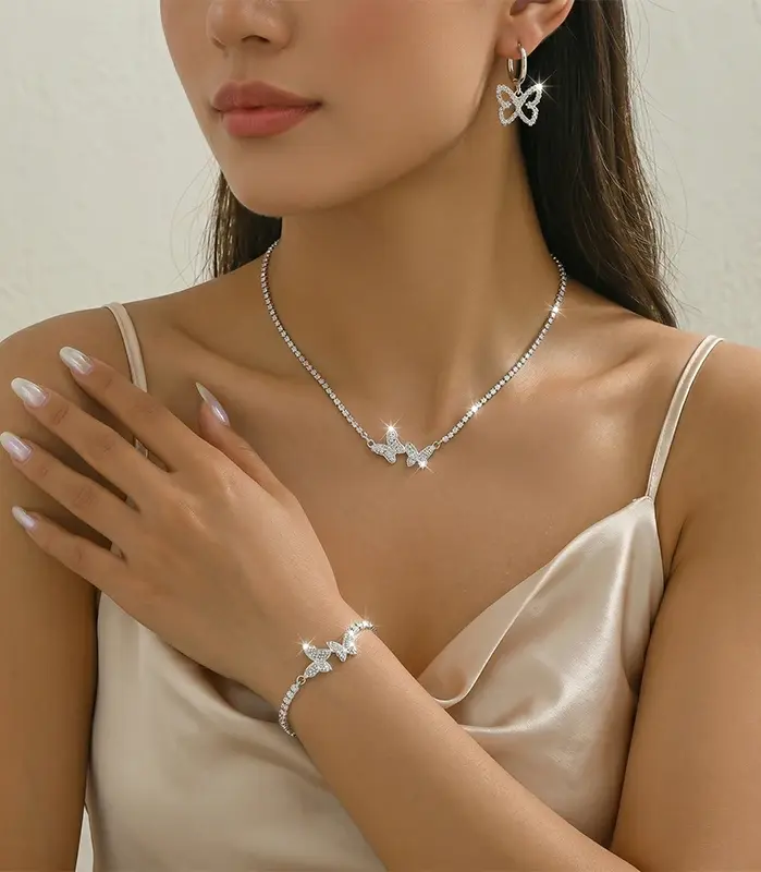 Conjunto de joyería de moda de 4 piezas | Incluye pendientes, collar, pulsera y colgante de mariposa: perfecto para fiestas y bodas 2