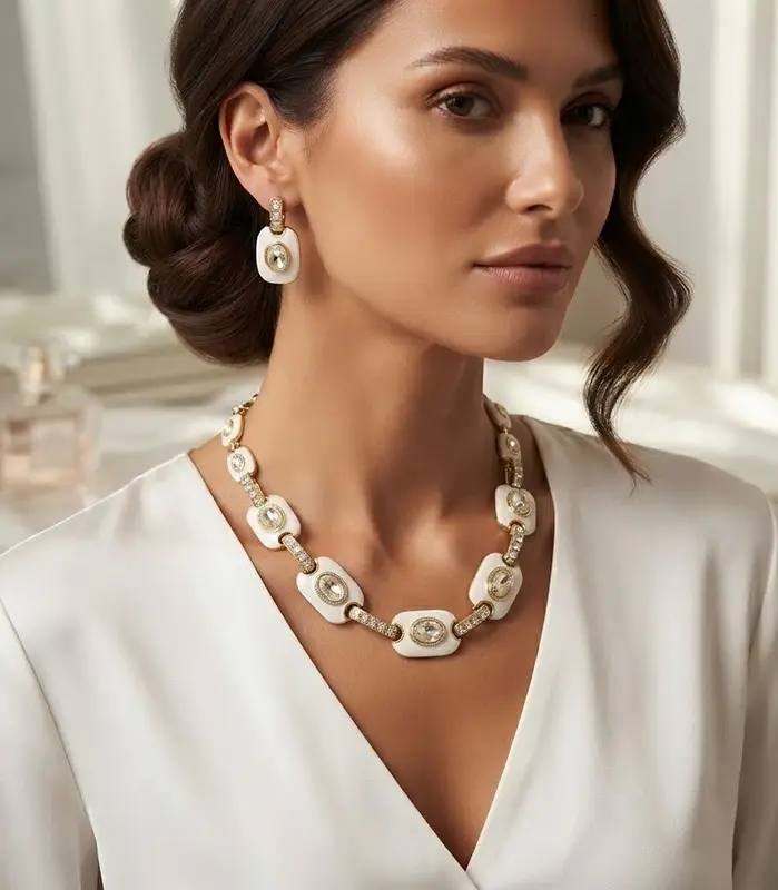 Juego de Joyería Vintage Elegante de 3 Piezas para Mujer, Collar Elíptico con Incrustaciones de Diamantes, Gargantilla de Cristal Brillante, Aretes de Novia para Boda, Fiesta 1