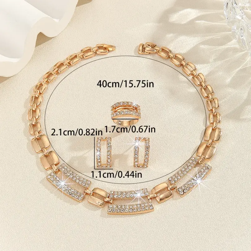 Conjunto de collar, pendientes y anillo con cadena geométrica de pedrería de color dorado, de lujo, para mujer, ideal para bodas, fiestas y como regalo. 4