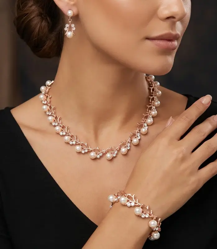 Elegante Conjunto de Joyería de Perlas para Novia, Collar, Aretes y Pulsera con Diseño de Hojas Vintage, Cristales Brillantes, Conjunto Dorado para Damas de Honor 1