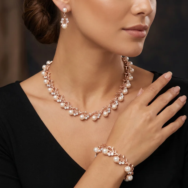 Elegante Conjunto de Joyería de Perlas para Novia, Collar, Aretes y Pulsera con Diseño de Hojas Vintage, Cristales Brillantes, Conjunto Dorado para Damas de Honor 1 Elegante Conjunto de Joyería de Perlas para Novia, Collar, Aretes y Pulsera con Diseño de Hojas Vintage, Cristales Brillantes, Conjunto Dorado para Damas de Honor 1