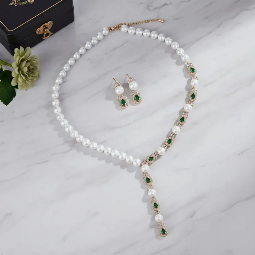Juego de Joyería Vintage Elegante de 3 Piezas para Mujer, Collar de Perlas de Lujo, Gargantilla de Cristal Brillante, Aretes de Novia para Boda, Fiesta 1