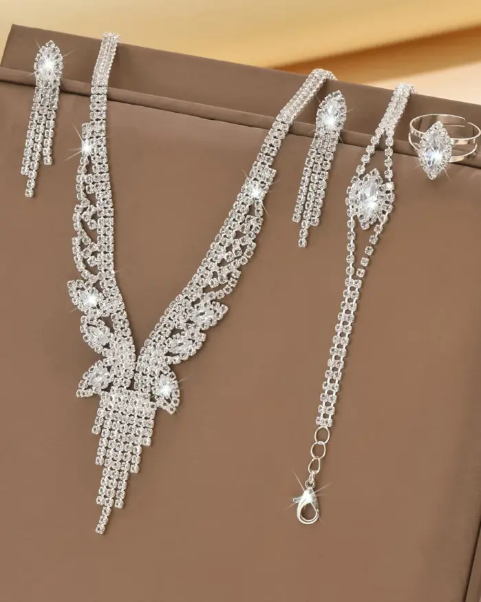 Conjunto de 5 piezas de joyería de moda para mujer, collar con borlas huecas, anillo, aretes, pulsera, conjunto de joyería para boda, banquete, fiesta, festival, regalo para dama 2