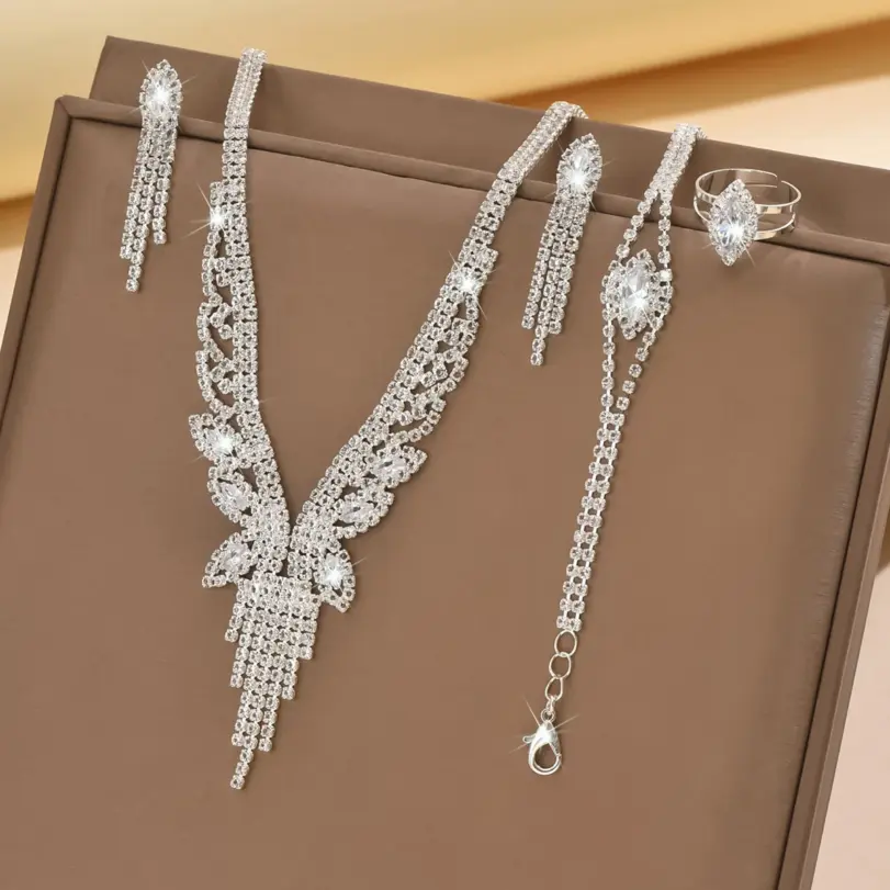 Conjunto de 5 piezas de joyería de moda para mujer, collar con borlas huecas, anillo, aretes, pulsera, conjunto de joyería para boda, banquete, fiesta, festival, regalo para dama 2