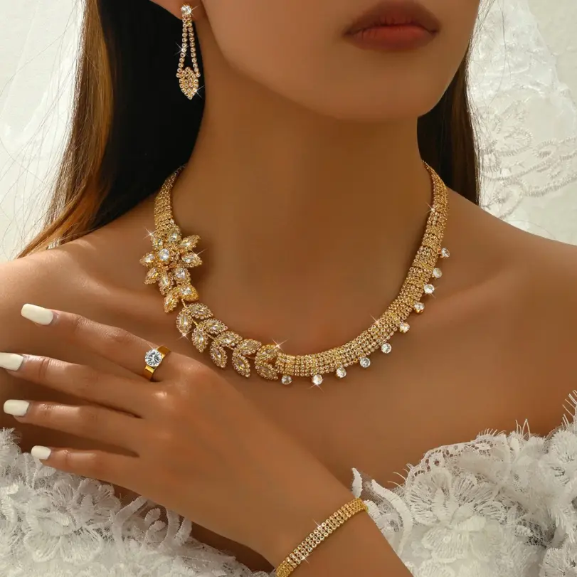 Conjunto de joyería nupcial con baño de oro, estilo indio de Dubái, con circonitas cúbicas: collar, pulsera, anillo y pendientes, accesorios para bodas y fiestas. 1