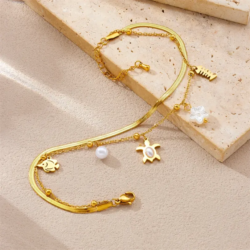 Tobilleras DIEYURO 316L de acero inoxidable con perlas de pez tortuga y perlas de doble capa para mujer, nuevas cadenas para pies, joyería antioxidante, regalo glamoroso 5