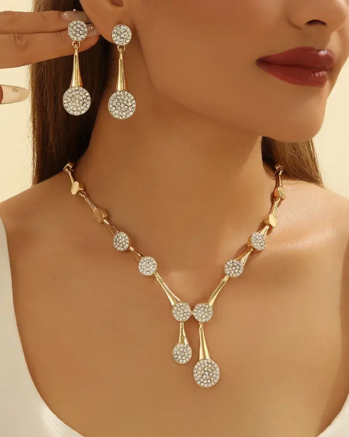Conjunto de joyería Vintage elegante de 3 uds para collar con forma de gota redonda doble gargantilla de cristal brillante pendientes de boda para novia fiesta 1