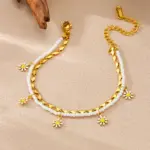 DIEYURO 316L Acero inoxidable blanco pequeña flor gota de aceite tobilleras de doble capa para mujeres cadenas de pie impermeables regalo de joyería 4