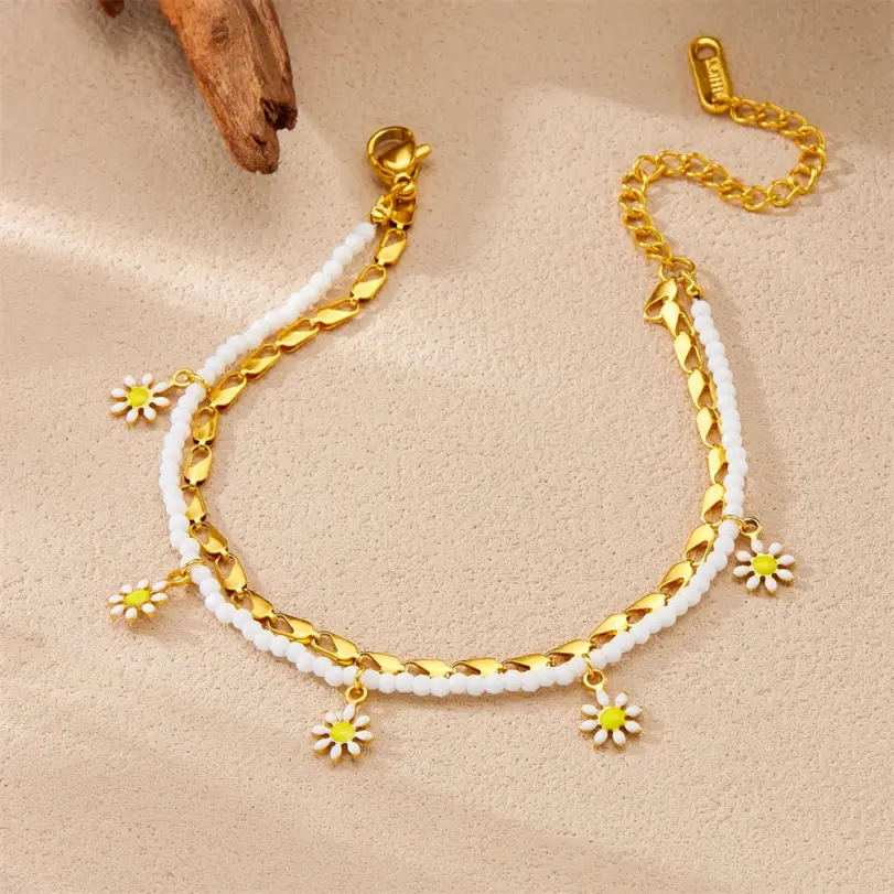 DIEYURO 316L Acero inoxidable blanco pequeña flor gota de aceite tobilleras de doble capa para mujeres cadenas de pie impermeables regalo de joyería 4