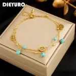 DIEYURO-tobilleras de acero inoxidable 316L para mujer y niña, cadena de pierna, multicapa, redonda, árbol, piedra verde, joyería impermeable, nueva tendencia 1