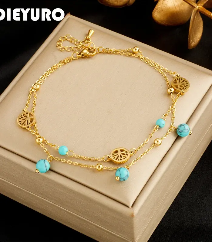 DIEYURO-tobilleras de acero inoxidable 316L para mujer y niña, cadena de pierna, multicapa, redonda, árbol, piedra verde, joyería impermeable, nueva tendencia 1