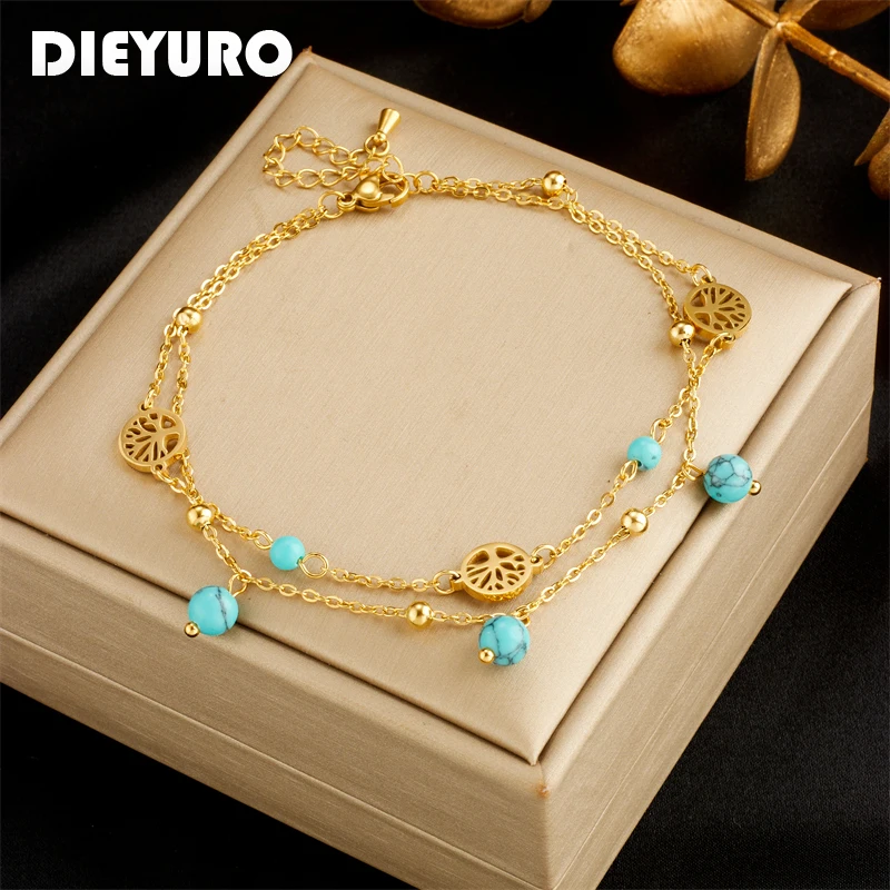 DIEYURO-tobilleras de acero inoxidable 316L para mujer y niña, cadena de pierna, multicapa, redonda, árbol, piedra verde, joyería impermeable, nueva tendencia 1 DIEYURO-tobilleras de acero inoxidable 316L para mujer y niña, cadena de pierna, multicapa, redonda, árbol, piedra verde, joyería impermeable, nueva tendencia 1