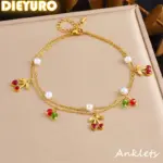 DIEYURO 316L tobilleras de doble capa de perlas de cereza roja de acero inoxidable para mujer nueva moda cadenas de pie impermeables regalo de joyería 1