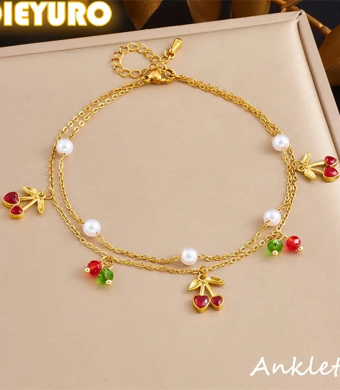 DIEYURO 316L tobilleras de doble capa de perlas de cereza roja de acero inoxidable para mujer nueva moda cadenas de pie impermeables regalo de joyería 1