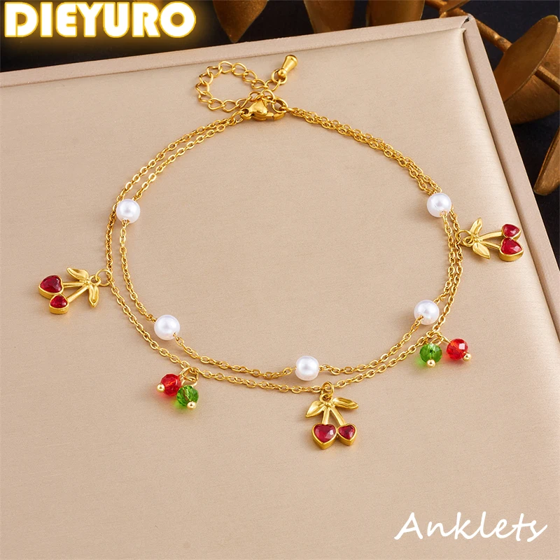 DIEYURO 316L tobilleras de doble capa de perlas de cereza roja de acero inoxidable para mujer nueva moda cadenas de pie impermeables regalo de joyería 1 DIEYURO 316L tobilleras de doble capa de perlas de cereza roja de acero inoxidable para mujer nueva moda cadenas de pie impermeables regalo de joyería 1