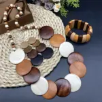 Juego de collar y pendientes hechos a mano con cuentas redondas de madera geométricas de colores bohemios, accesorios de fiesta para mujer, 4 Uds. 5