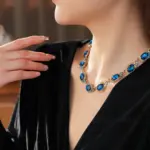 Juego de Joyería Vintage Elegante de 3 Piezas para Mujer, Collar con Piedras de Imitación Ovaladas, Gargantilla de Cristal Azul Brillante, Aretes para Novia, Boda, Fiesta 3