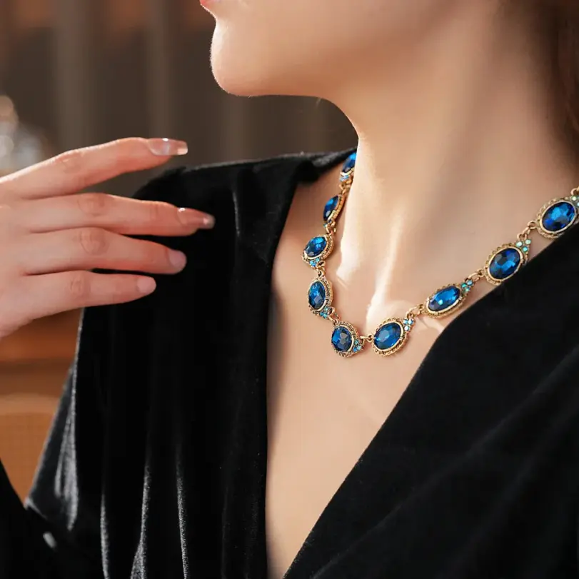 Juego de Joyería Vintage Elegante de 3 Piezas para Mujer, Collar con Piedras de Imitación Ovaladas, Gargantilla de Cristal Azul Brillante, Aretes para Novia, Boda, Fiesta 3