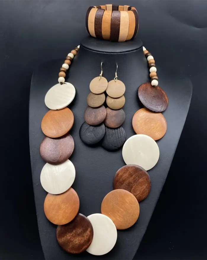 Juego de collar y pendientes hechos a mano con cuentas redondas de madera geométricas de colores bohemios, accesorios de fiesta para mujer, 4 Uds. 2