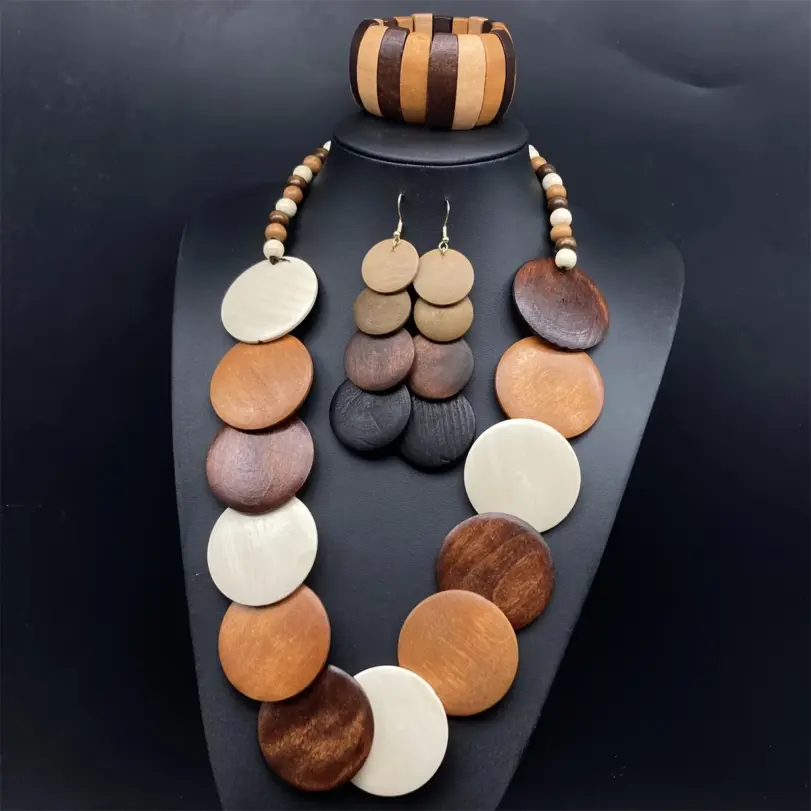 Juego de collar y pendientes hechos a mano con cuentas redondas de madera geométricas de colores bohemios, accesorios de fiesta para mujer, 4 Uds. 2